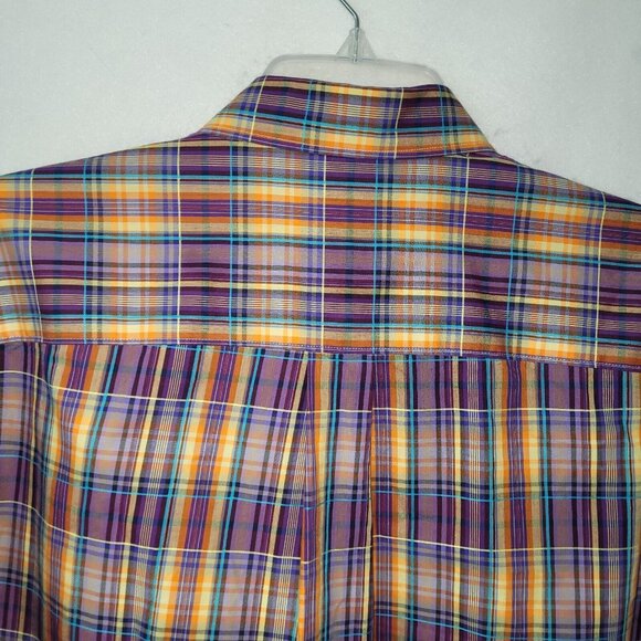 Alan Flusser Shirt Mens L Purple Yellow Plaid Cotton Pocket Preppy Office Casual - Picture 8 of 11